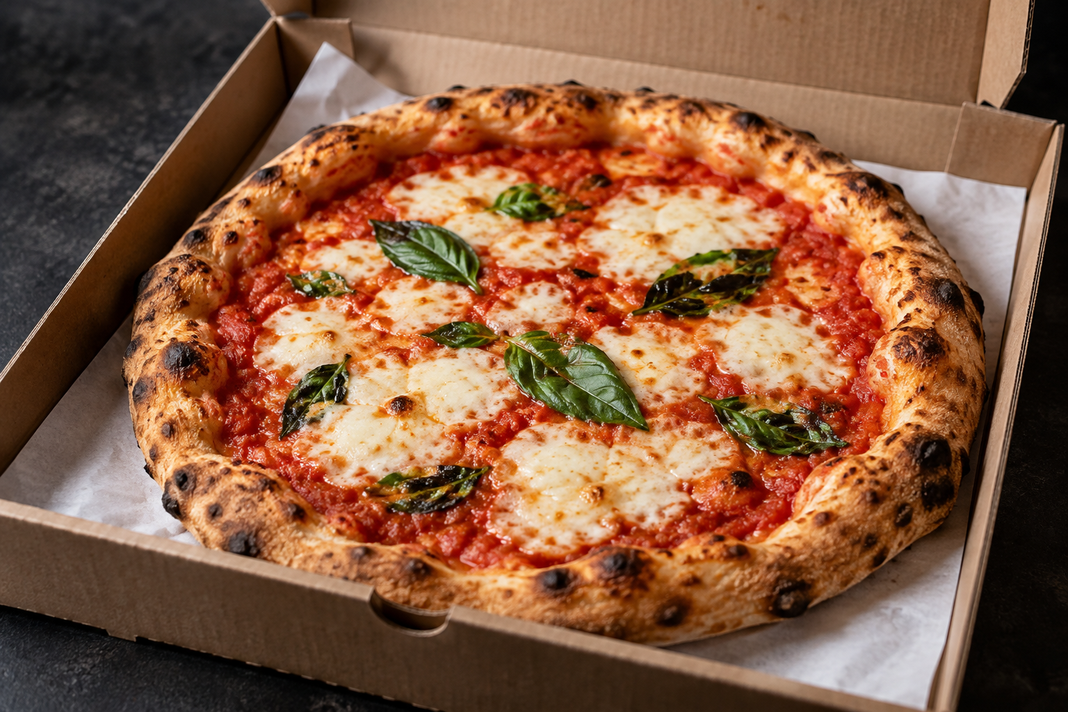 Margherita med mozzarella och basilika i en pizzakartong